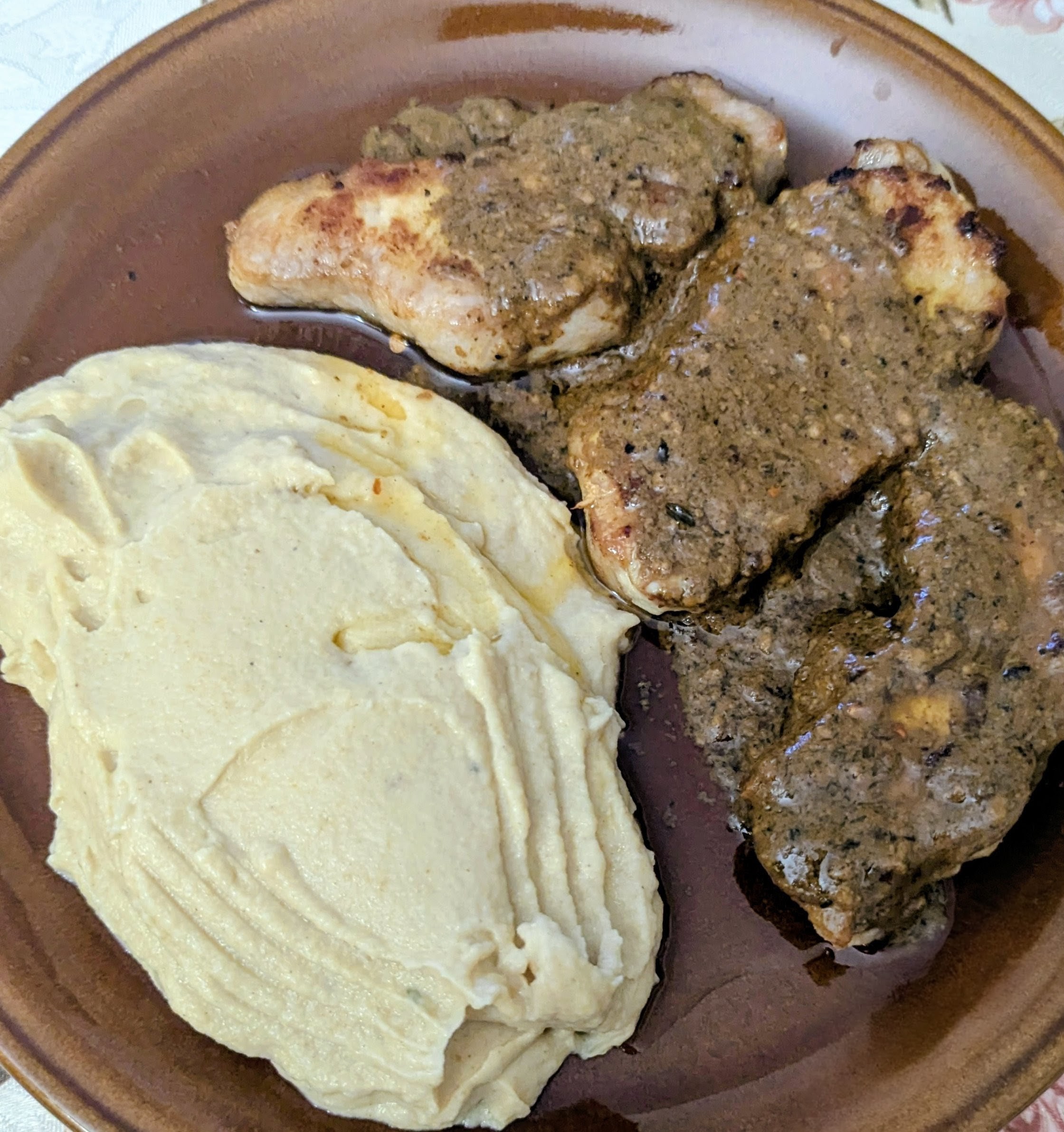 Pan-Fried Pork with Mustard Gravy and Celeriac and Parmesan Purée 